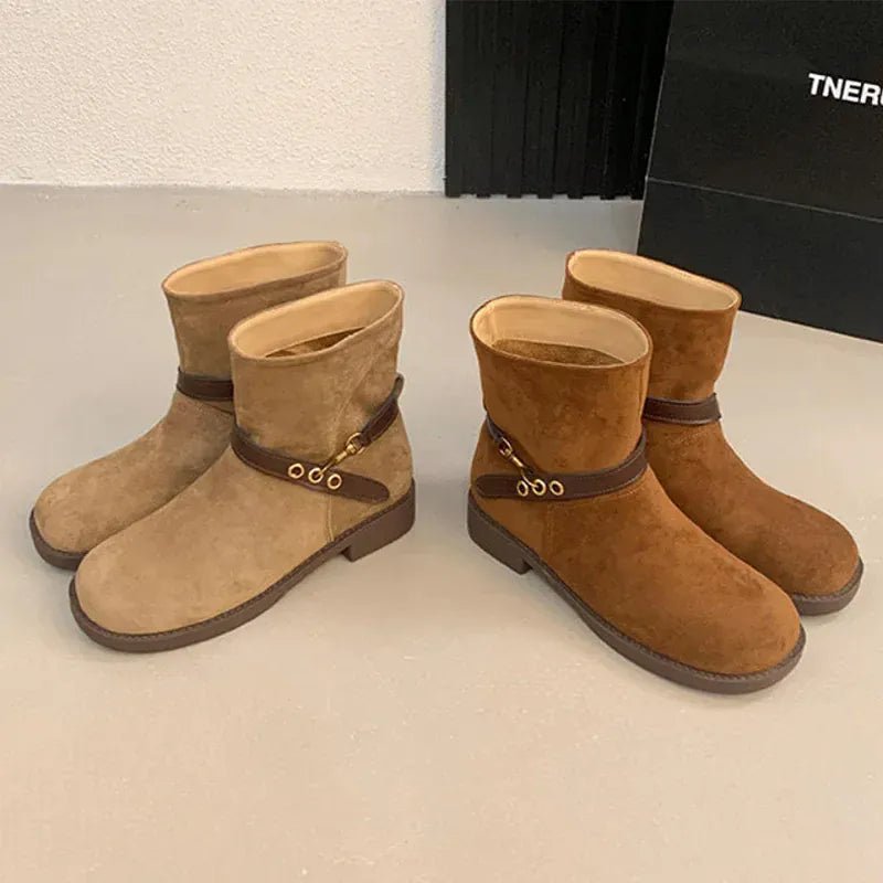 Thick - soled Motorcycle Boots Retro Belt Buckle Thick - heeled Cowboy Boots New Casual Suede High - end Comfort Large - size Women Boot - SN Wigs & More