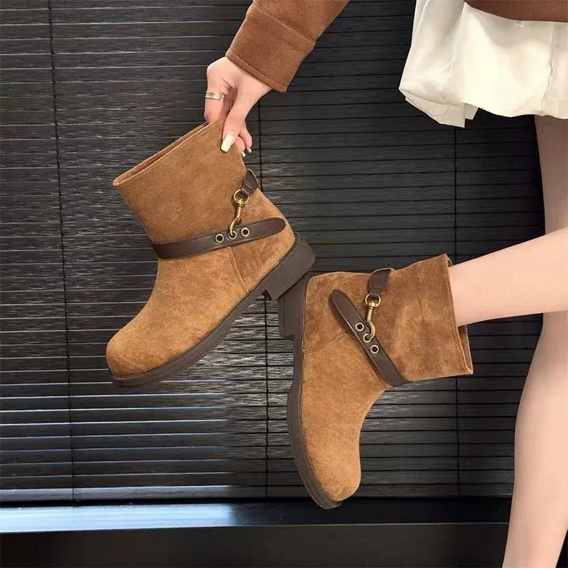 Thick - soled Motorcycle Boots Retro Belt Buckle Thick - heeled Cowboy Boots New Casual Suede High - end Comfort Large - size Women Boot - SN Wigs & More