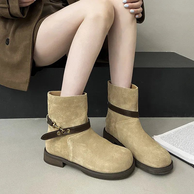 Thick - soled Motorcycle Boots Retro Belt Buckle Thick - heeled Cowboy Boots New Casual Suede High - end Comfort Large - size Women Boot - SN Wigs & More