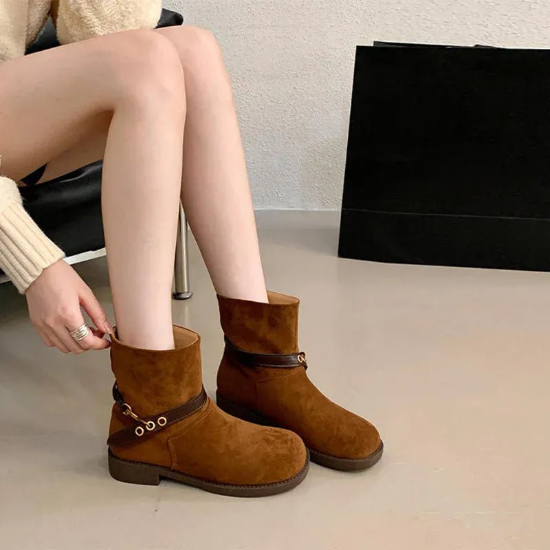 Thick - soled Motorcycle Boots Retro Belt Buckle Thick - heeled Cowboy Boots New Casual Suede High - end Comfort Large - size Women Boot - SN Wigs & More