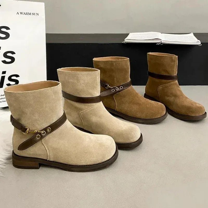 Thick - soled Motorcycle Boots Retro Belt Buckle Thick - heeled Cowboy Boots New Casual Suede High - end Comfort Large - size Women Boot - SN Wigs & More