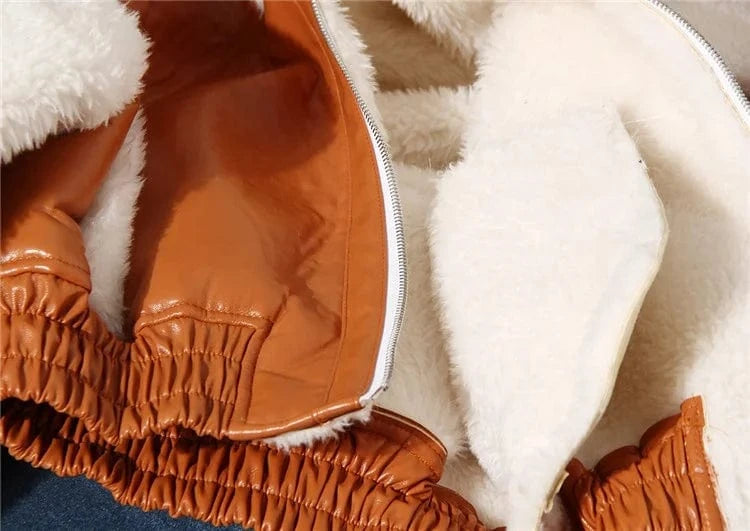 Thicken Faux Pu Leather Wool FurJacket Women Patchwork 2024 Fashion Short Hooded Coat