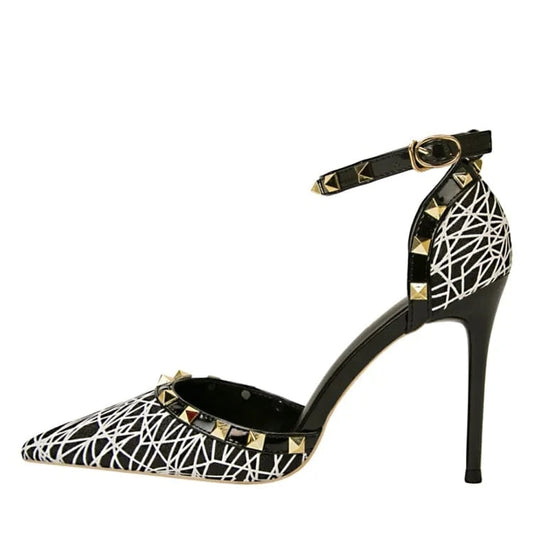 Thin heel shallow point perforated rivet one word belt shoes women heels