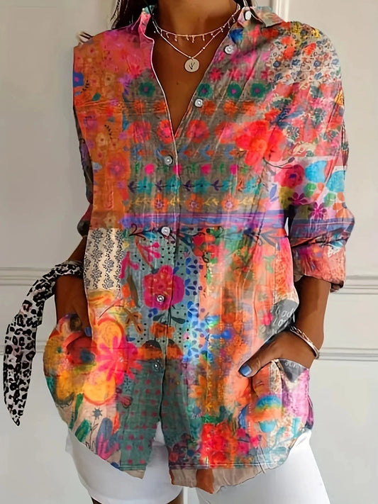 This retro Bohemian-style long-sleeved shirt with colorful floral patterns is fashionable, versatile and eye-catching