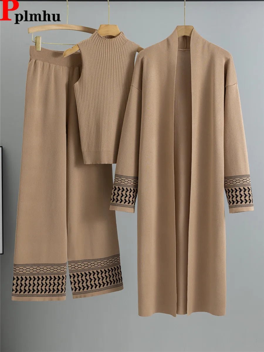 Three - Piece Knit Set With Vest Sweater And Long Cardigan And Wide - Leg Pants – Korean Design Chic Style - SN Wigs & More