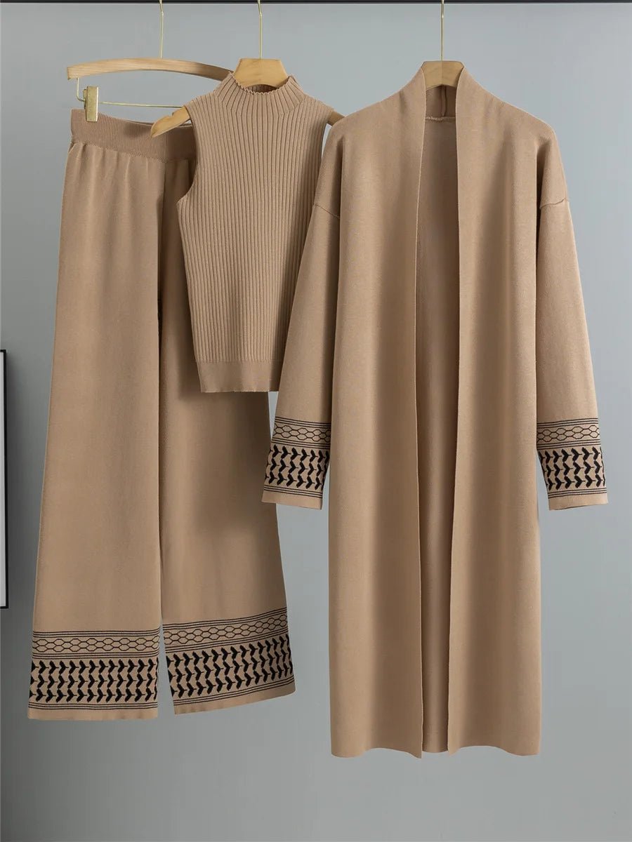 Three - Piece Knit Set With Vest Sweater And Long Cardigan And Wide - Leg Pants – Korean Design Chic Style - SN Wigs & More