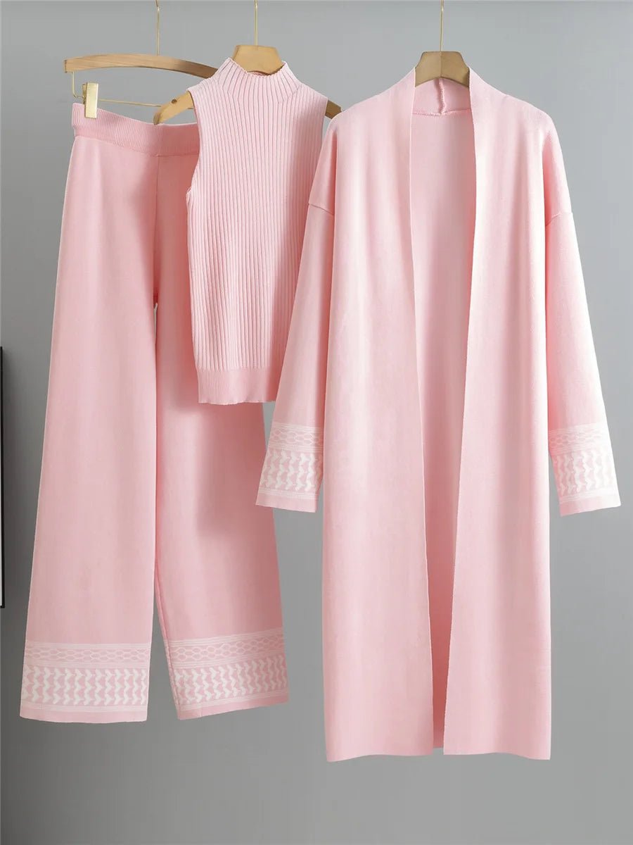 Three - Piece Knit Set With Vest Sweater And Long Cardigan And Wide - Leg Pants – Korean Design Chic Style - SN Wigs & More