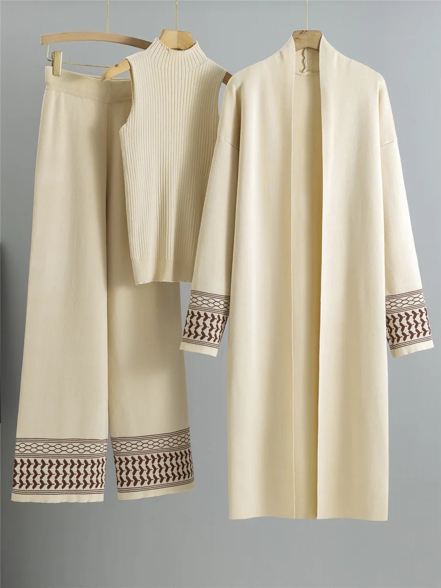 Three - Piece Knit Set With Vest Sweater And Long Cardigan And Wide - Leg Pants – Korean Design Chic Style - SN Wigs & More