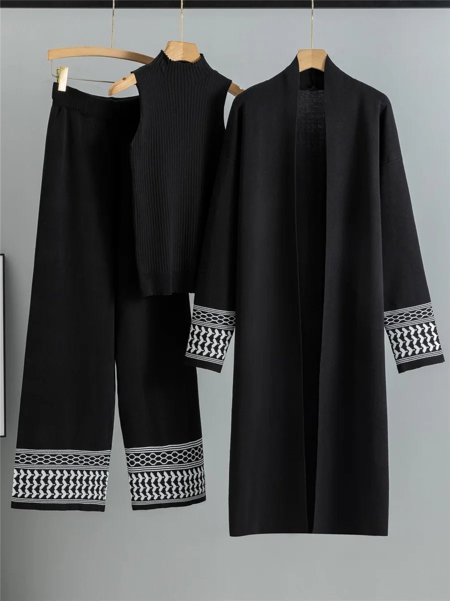 Three - Piece Knit Set With Vest Sweater And Long Cardigan And Wide - Leg Pants – Korean Design Chic Style - SN Wigs & More