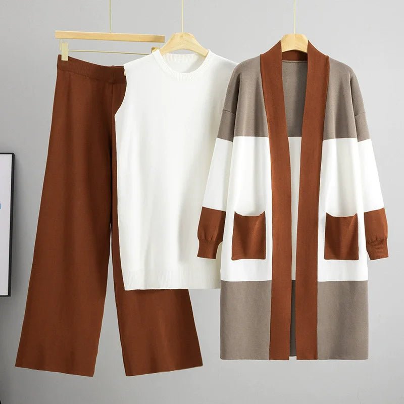 Three Piece Knit Set With White Vest And Striped Cardigan High Waist Loose Pants Korean Style - SN Wigs & More