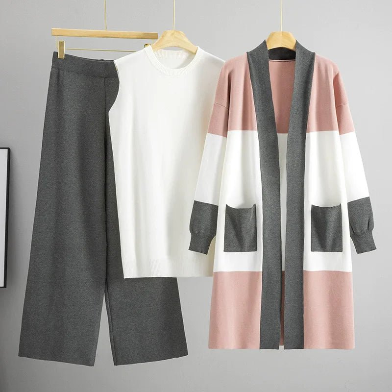 Three Piece Knit Set With White Vest And Striped Cardigan High Waist Loose Pants Korean Style - SN Wigs & More