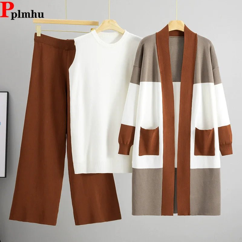 Three Piece Knit Set With White Vest And Striped Cardigan High Waist Loose Pants Korean Style - SN Wigs & More