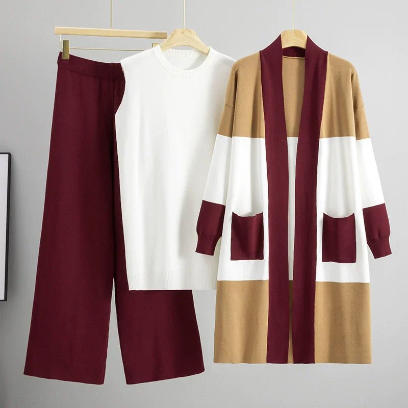 Three Piece Knit Set With White Vest And Striped Cardigan High Waist Loose Pants Korean Style - SN Wigs & More
