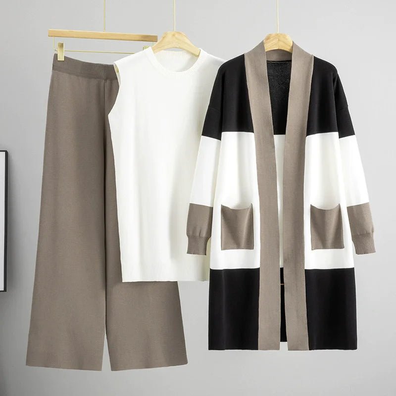 Three Piece Knit Set With White Vest And Striped Cardigan High Waist Loose Pants Korean Style - SN Wigs & More