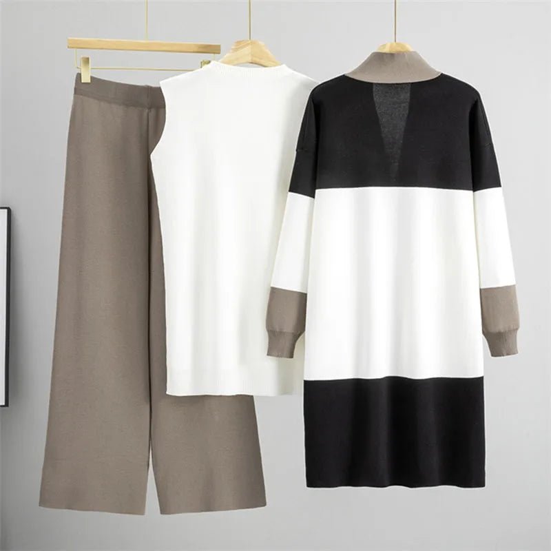 Three Piece Knit Set With White Vest And Striped Cardigan High Waist Loose Pants Korean Style - SN Wigs & More
