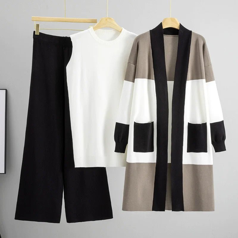Three Piece Knit Set With White Vest And Striped Cardigan High Waist Loose Pants Korean Style - SN Wigs & More