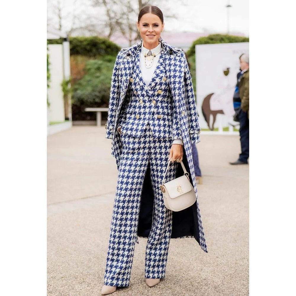 Three Pieces / XS（old） / CHINA Chic Houndstooth Women Suits 3 Piece & Only Jacket Peak Lapel Formal Casual Prom Party Pants Sets Long Coat Blazer Pants
