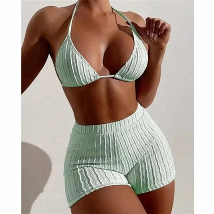 Tie Back Halter Bikinis 2024 Women High Waist Swimsuit Solid Padded Swimwear Female Bathers Bathing Swimming Swim Suit
