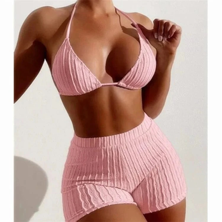 Tie Back Halter Bikinis 2024 Women High Waist Swimsuit Solid Padded Swimwear Female Bathers Bathing Swimming Swim Suit