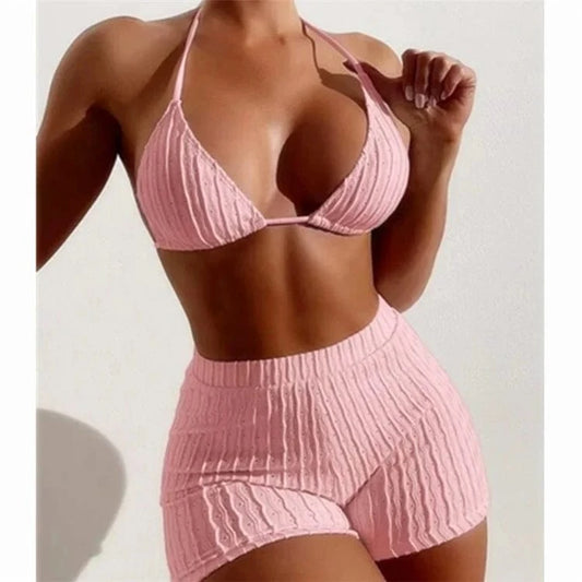 Tie Back Halter Bikinis 2024 Women High Waist Swimsuit Solid Padded Swimwear Female Bathers Bathing Swimming Swim Suit