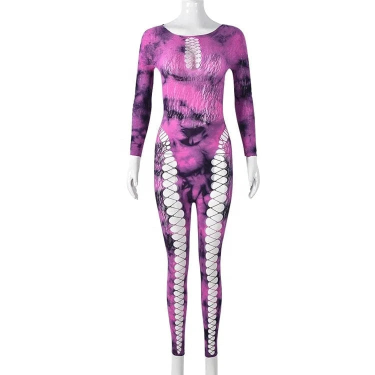 Tie Dye Print Women High Waist Bodycon Elastic Cut Out Side Jumpsuit for 2024 Summer Sexy Playsuit