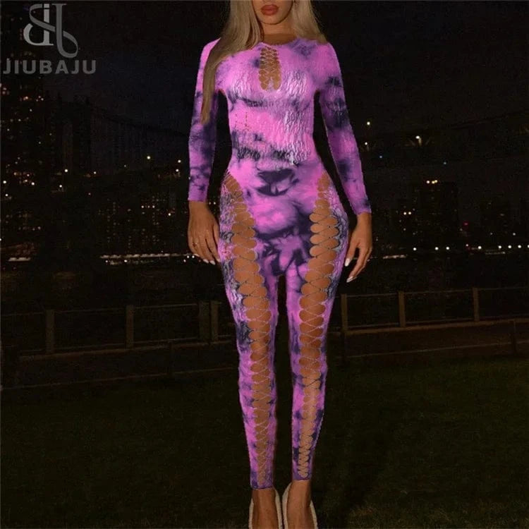 Tie Dye Print Women High Waist Bodycon Elastic Cut Out Side Jumpsuit for 2024 Summer Sexy Playsuit
