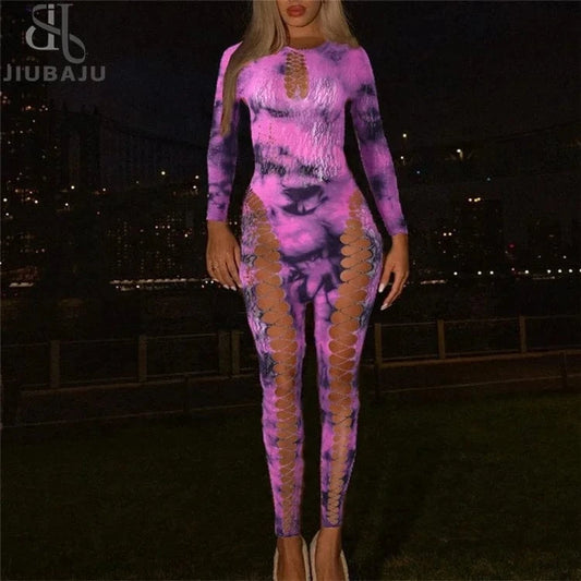 Tie Dye Print Women High Waist Bodycon Elastic Cut Out Side Jumpsuit for 2024 Summer Sexy Playsuit