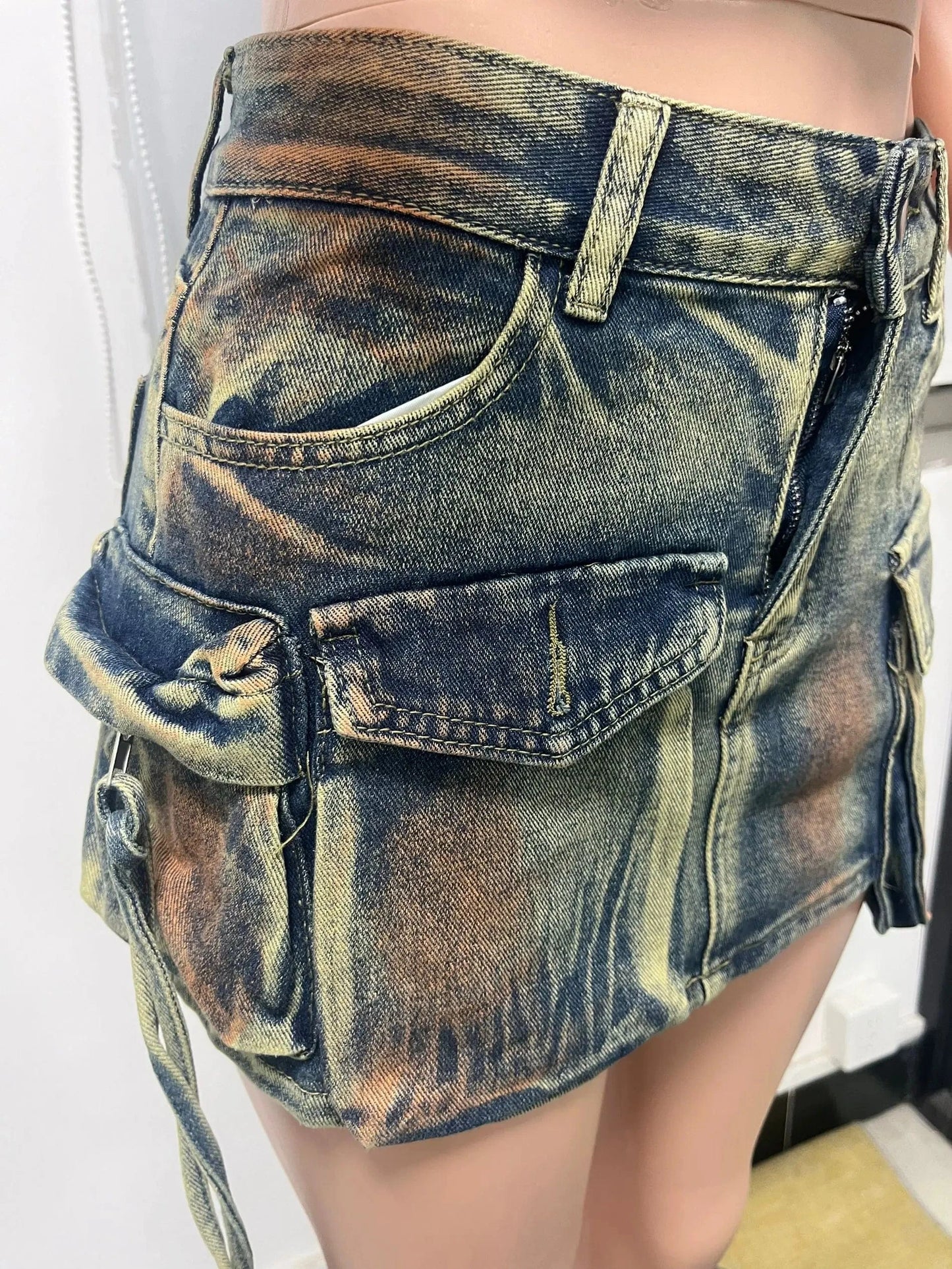 Tie Dye Women's Jean Cargo Skirts Patchwork Multi Pockets Sexy Ladies Jeans Pencil Short Skirt Denim Cargo Skirt Mini for Women