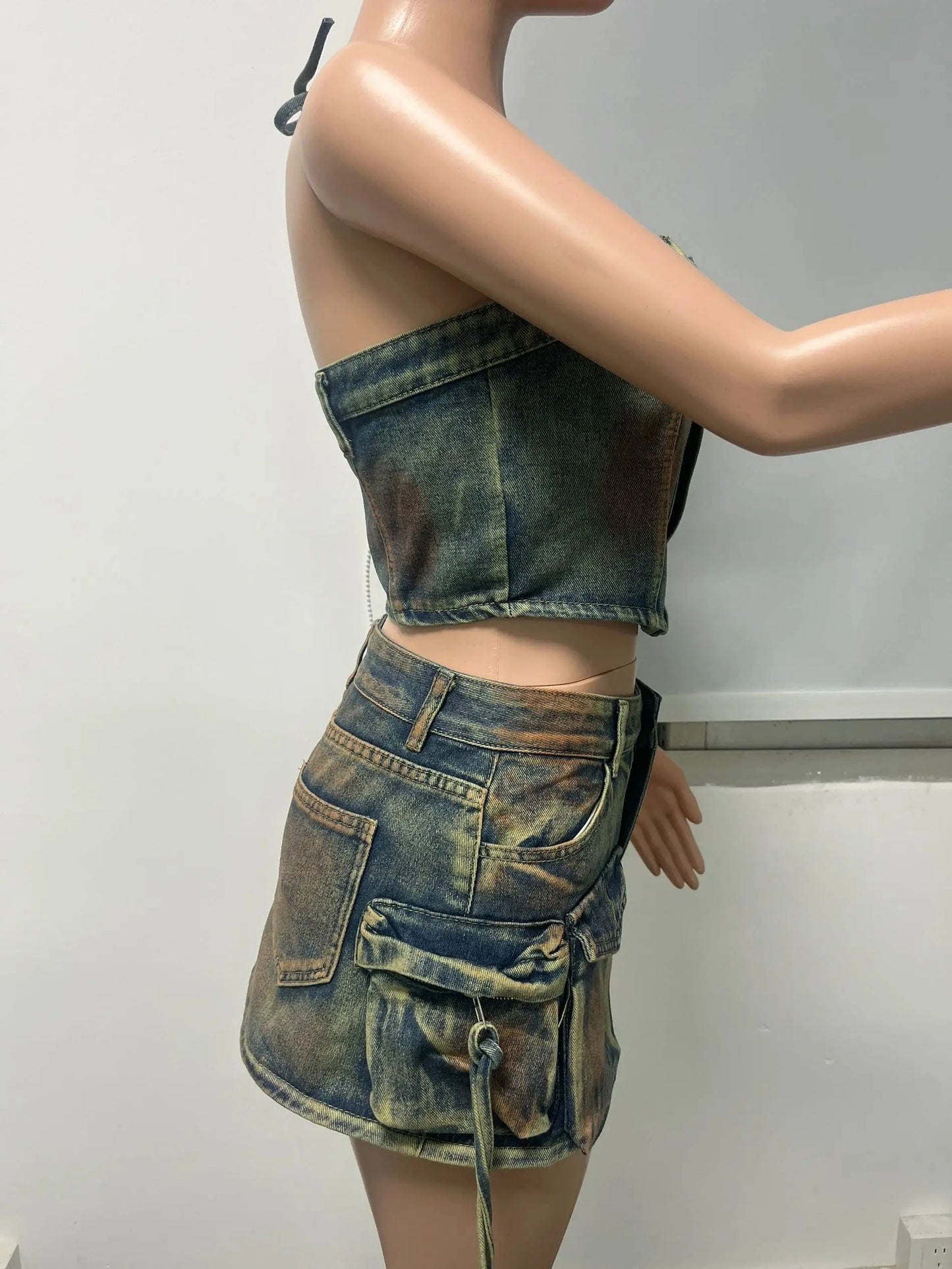 Tie Dye Women's Jean Cargo Skirts Patchwork Multi Pockets Sexy Ladies Jeans Pencil Short Skirt Denim Cargo Skirt Mini for Women