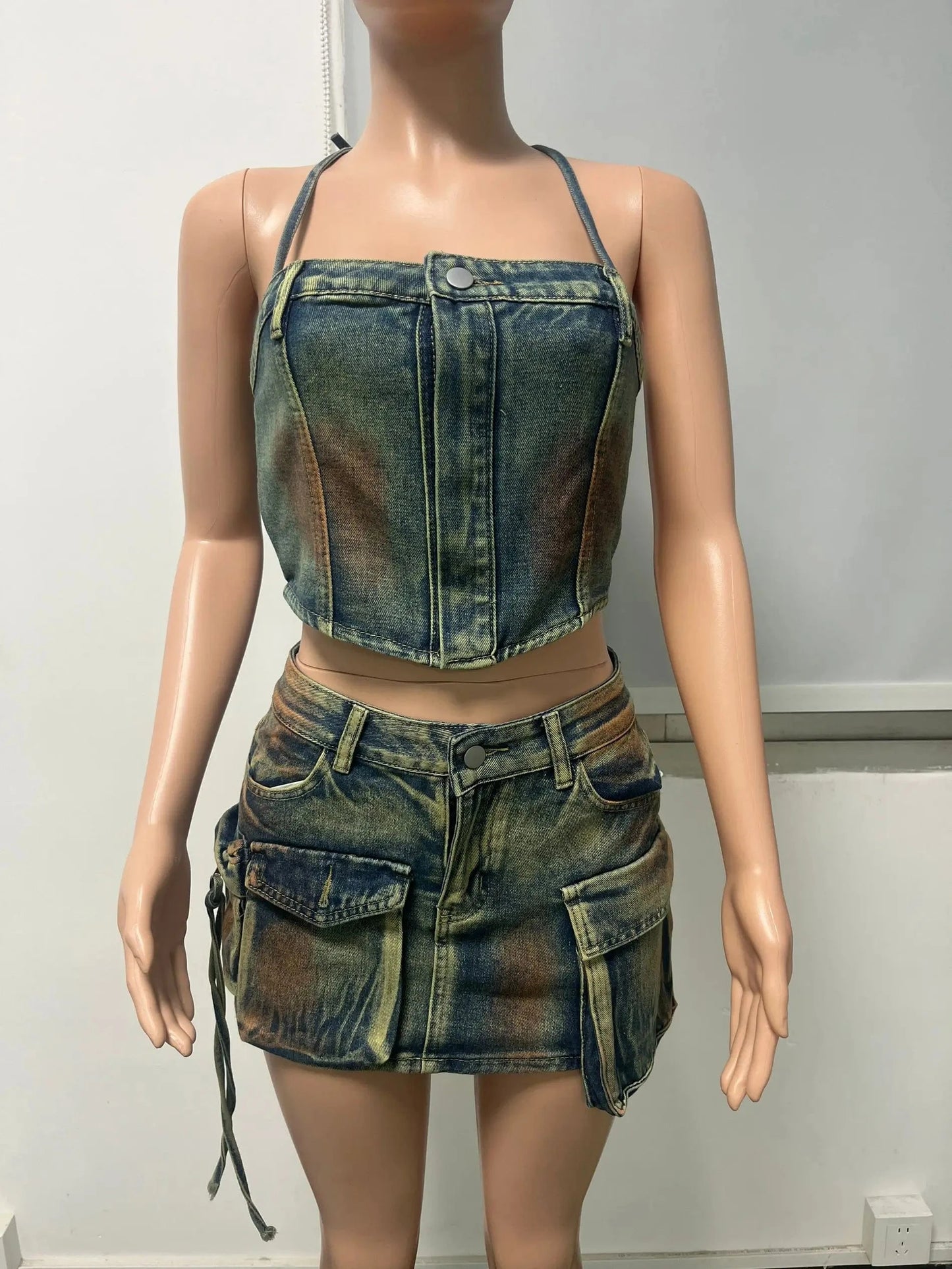 Tie Dye Women's Jean Cargo Skirts Patchwork Multi Pockets Sexy Ladies Jeans Pencil Short Skirt Denim Cargo Skirt Mini for Women