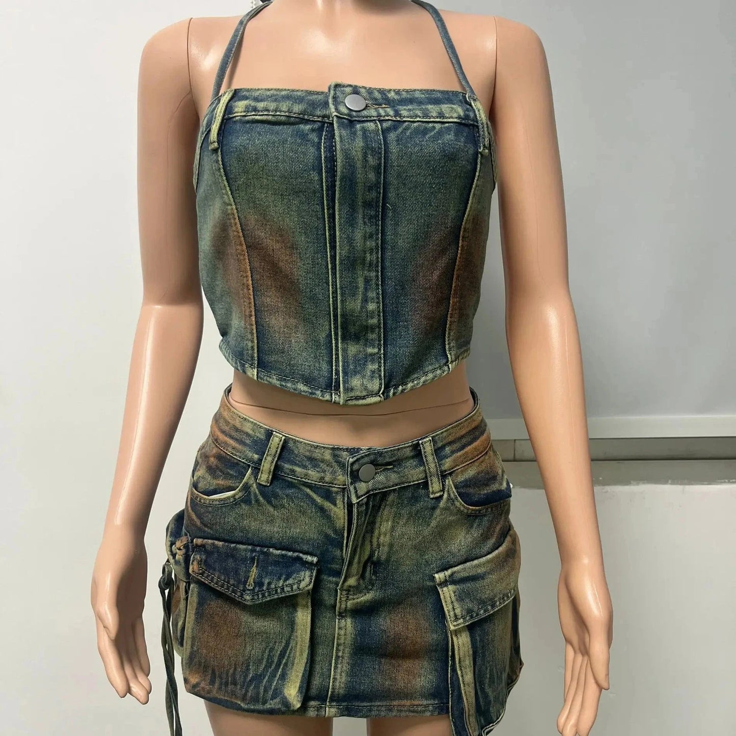 Tie Dye Women's Jean Cargo Skirts Patchwork Multi Pockets Sexy Ladies Jeans Pencil Short Skirt Denim Cargo Skirt Mini for Women