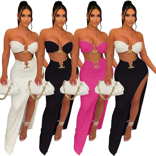 Tight Slit Skirt Two Piece Set Tube Top and Skirt Suit Stretch Women Clothing Set for Woman Summer Two Piece Bra Top Skirt Set
