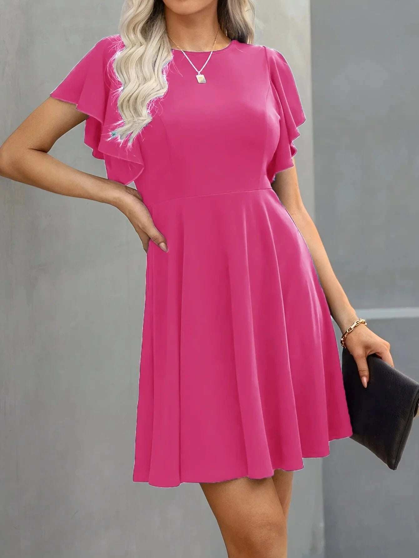 TM240315J0014-pink / XS / CHINA Summer 2025 Women's Dresses Elegant Vintage Ruffle Sleeve Flared A Line Swing Round-Neck Casual Party Cocktail Dress Women Cloth
