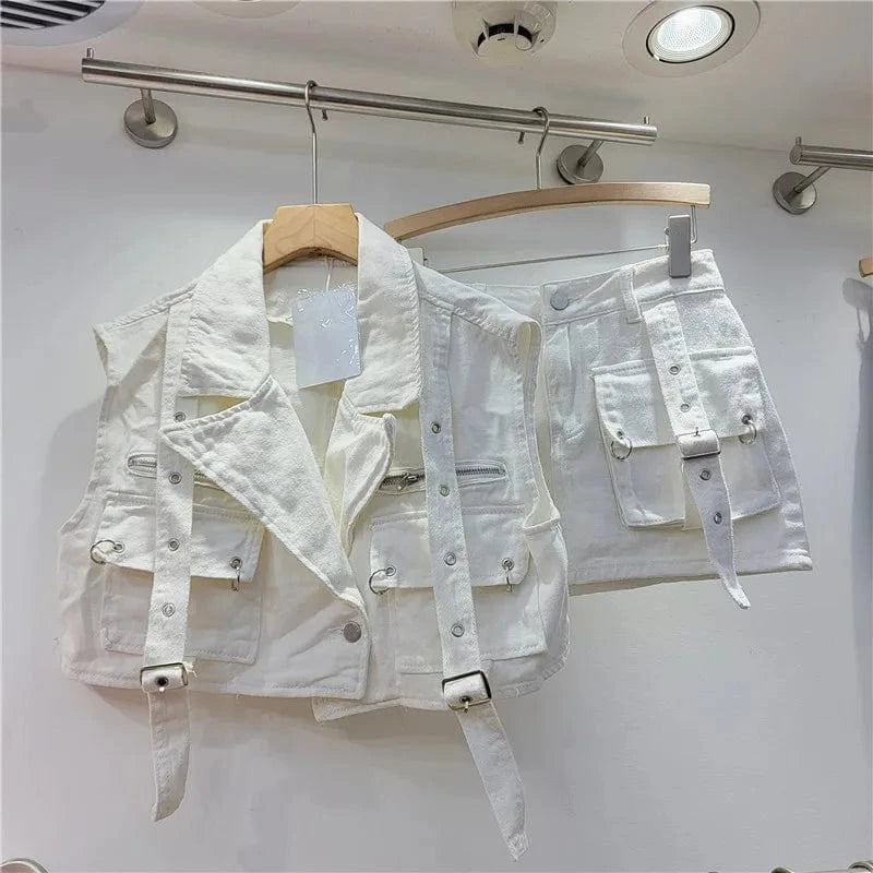 Top:Free size+ Skirt: L size / White GX12028 Fashion 2024 women street wear summer clothes boutique sleeveless cargo pocket denim top and mini skirt 2 piece set