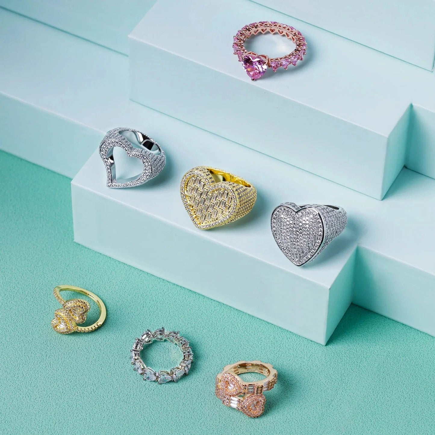 Top Icy Cute Heart Rings Collection Rings Jewelry  Women Iced Out Diamond Ring Brass 18K Gold Plated + 5A CZ Birthday Gift