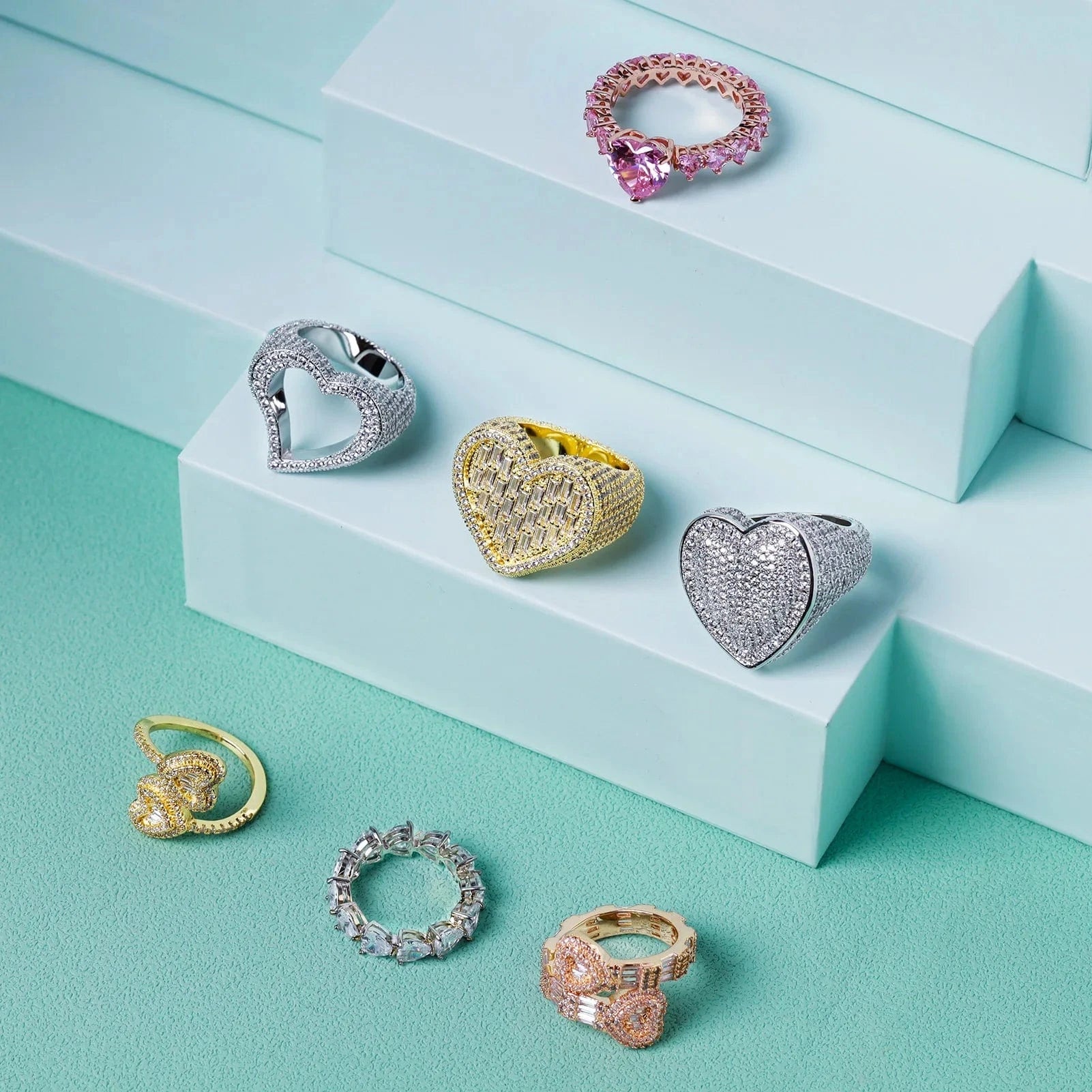 Top Icy Cute Heart Rings Collection Rings Jewelry  Women Iced Out Diamond Ring Brass 18K Gold Plated + 5A CZ Birthday Gift