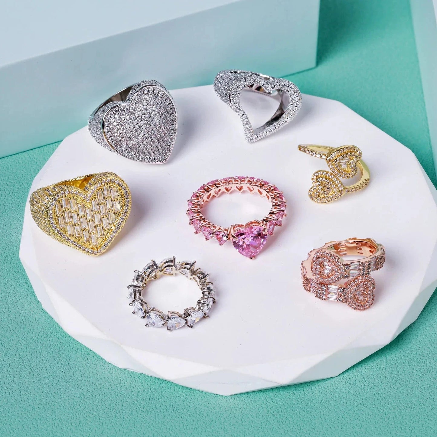 Top Icy Cute Heart Rings Collection Rings Jewelry  Women Iced Out Diamond Ring Brass 18K Gold Plated + 5A CZ Birthday Gift