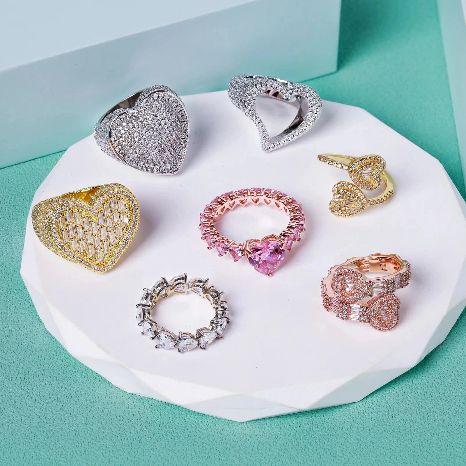 Top Icy Cute Heart Rings Collection Rings Jewelry  Women Iced Out Diamond Ring Brass 18K Gold Plated + 5A CZ Birthday Gift