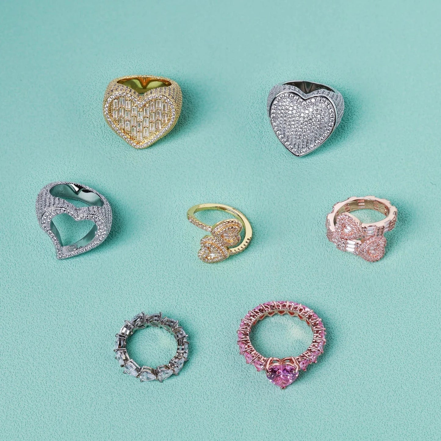 Top Icy Cute Heart Rings Collection Rings Jewelry  Women Iced Out Diamond Ring Brass 18K Gold Plated + 5A CZ Birthday Gift