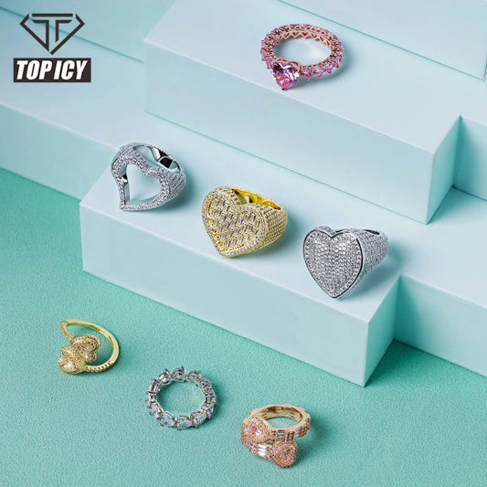 Top Icy Cute Heart Rings Collection Rings Jewelry  Women Iced Out Diamond Ring Brass 18K Gold Plated + 5A CZ Birthday Gift