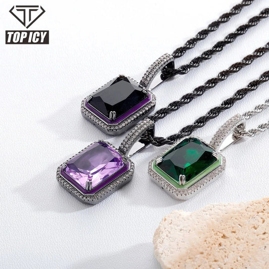 Top Icy Simple Design 18K Gold Plated Luminous Gemstone Pendant Hip Hop Jewelry Square Colorful 5A CZ Gem Pendant Necklace Women