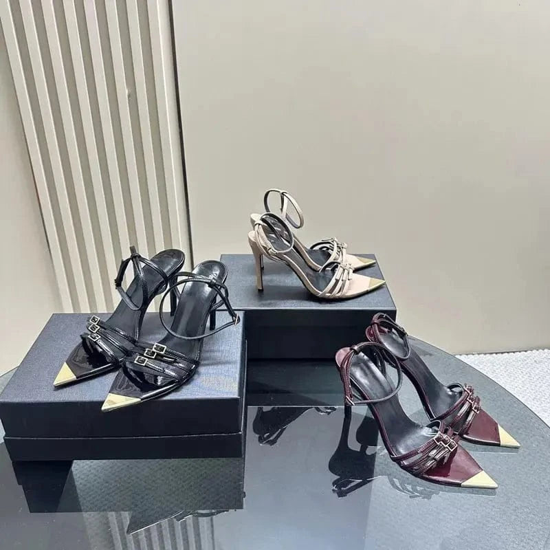 Top quality fashionable metal buckle new pointed sandals designer women sandals high heels womens shoes
