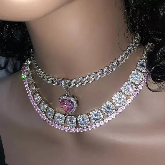 Top Quality Iced Out Bling 5A 3MM CZ Tennis Chain Colorful Zirconia Heart Pendant Necklace For Girlfriend Lover