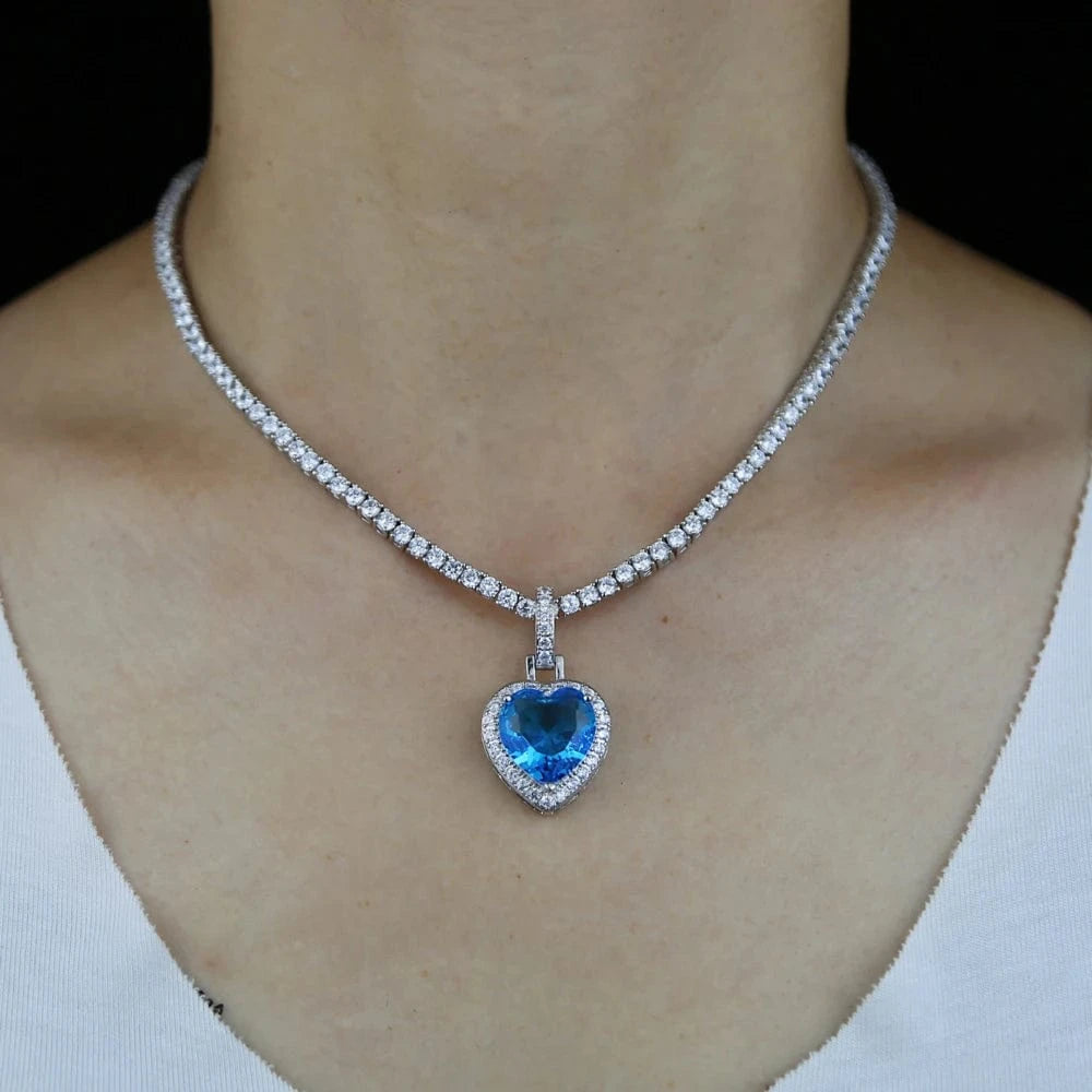 Top Quality Iced Out Bling 5A 3MM CZ Tennis Chain Colorful Zirconia Heart Pendant Necklace For Girlfriend Lover