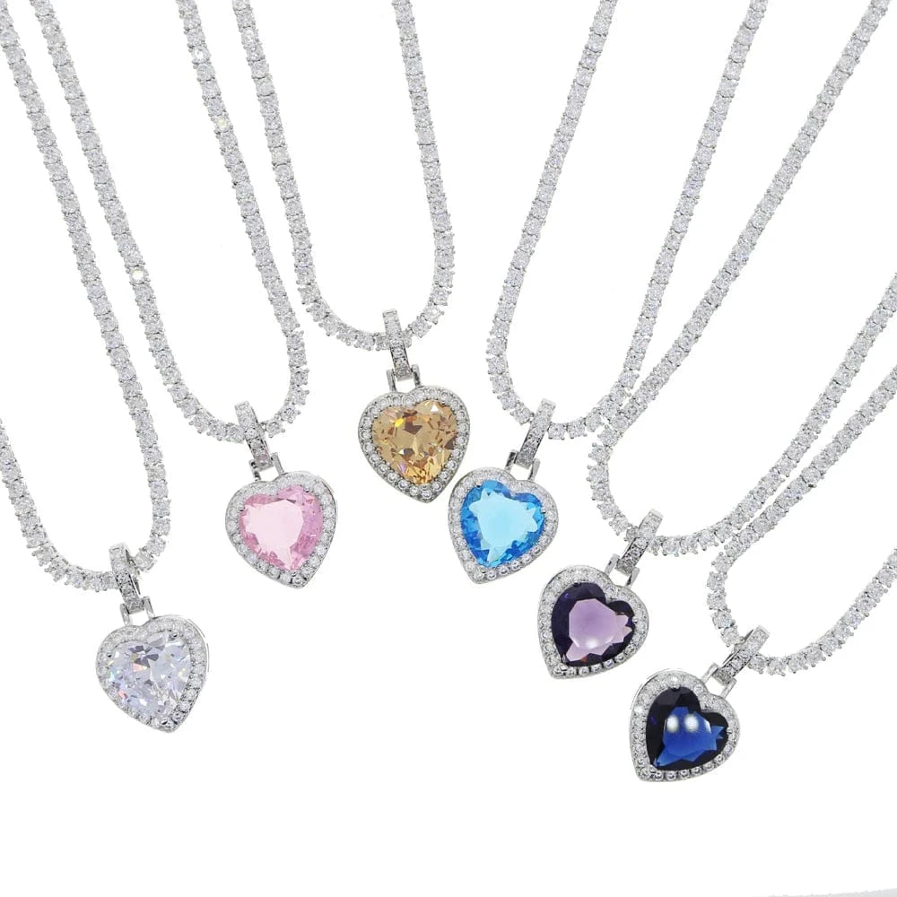 Top Quality Iced Out Bling 5A 3MM CZ Tennis Chain Colorful Zirconia Heart Pendant Necklace For Girlfriend Lover