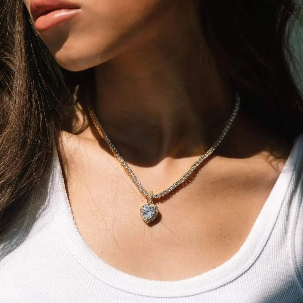 Top Quality Iced Out Bling 5A 3MM CZ Tennis Chain Colorful Zirconia Heart Pendant Necklace For Girlfriend Lover