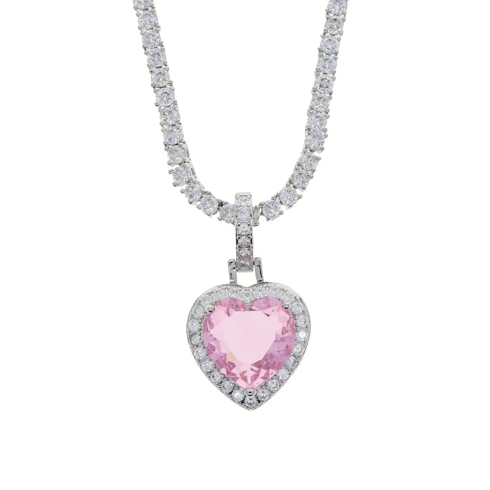Top Quality Iced Out Bling 5A 3MM CZ Tennis Chain Colorful Zirconia Heart Pendant Necklace For Girlfriend Lover