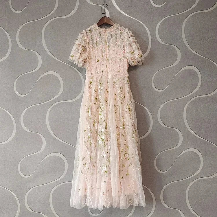 Top Quality New 2024 Spring Long Wedding Party Women Dress V-Neck Ruffle Floral Embroidery Short Sleeve Pink Apricot Maxi Dress