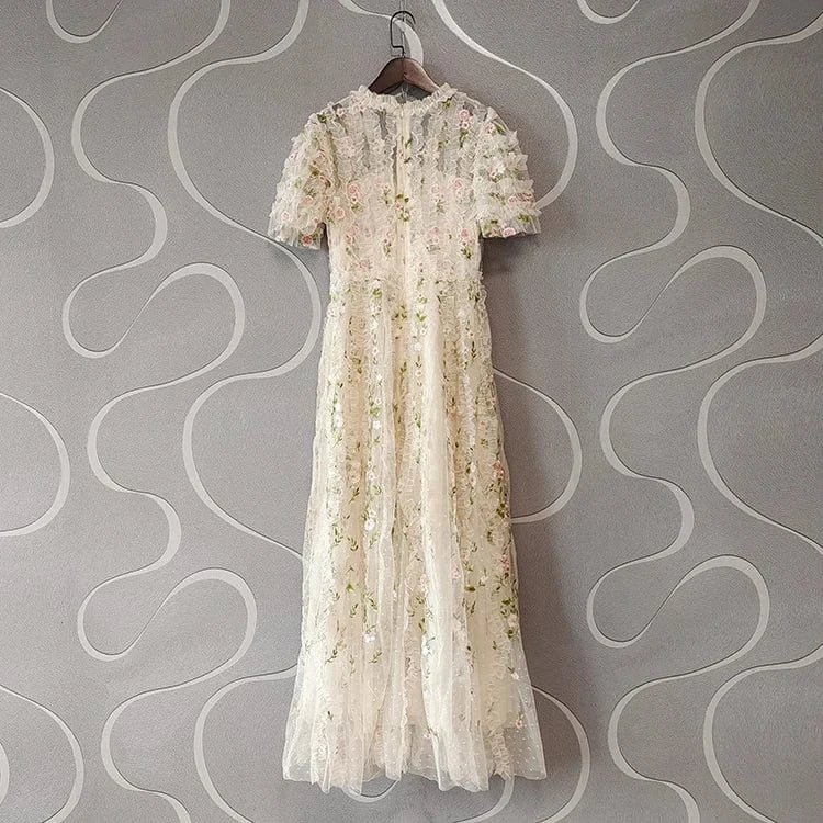 Top Quality New 2024 Spring Long Wedding Party Women Dress V-Neck Ruffle Floral Embroidery Short Sleeve Pink Apricot Maxi Dress