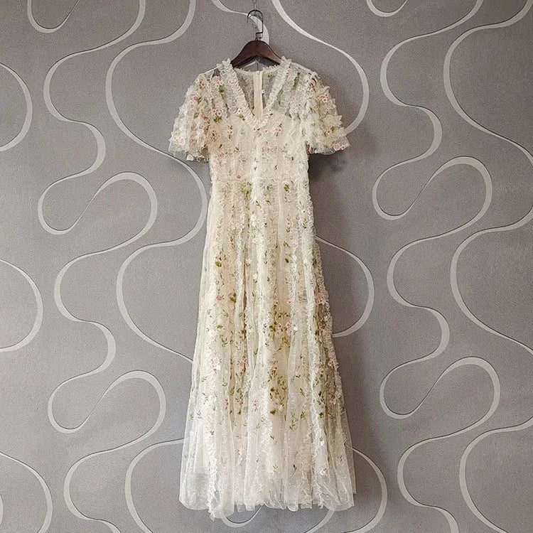 Top Quality New 2024 Spring Long Wedding Party Women Dress V-Neck Ruffle Floral Embroidery Short Sleeve Pink Apricot Maxi Dress